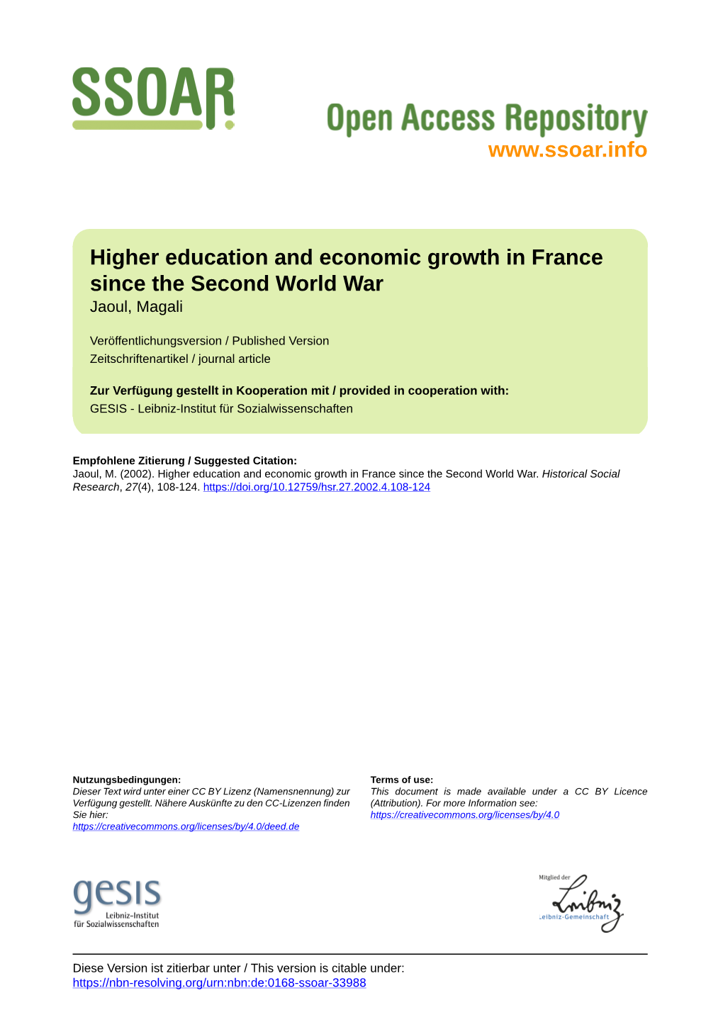 Higher Education and Economic Growth in France Since the Second World War Jaoul, Magali