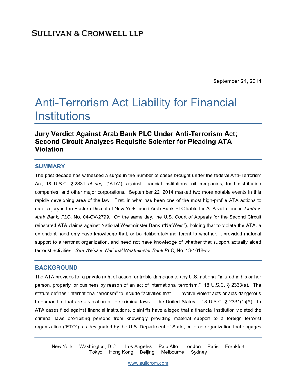 Anti-Terrorism Act Liability for Financial Institutions