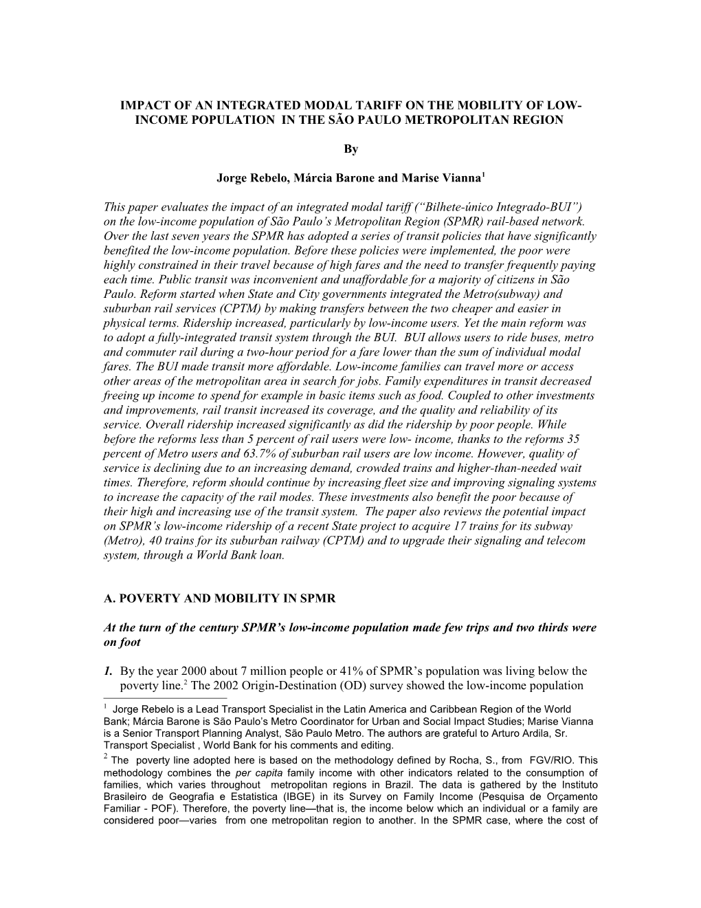 Impact of an Integrated Modal Tariff on the Mobility of São Paulo S Metropolitan Region