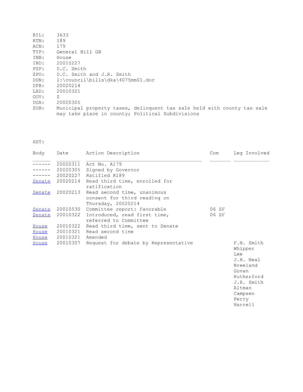 2001-2002 Bill 3633: Municipal Property Taxes, Delinquent Tax Sale Held with County Tax