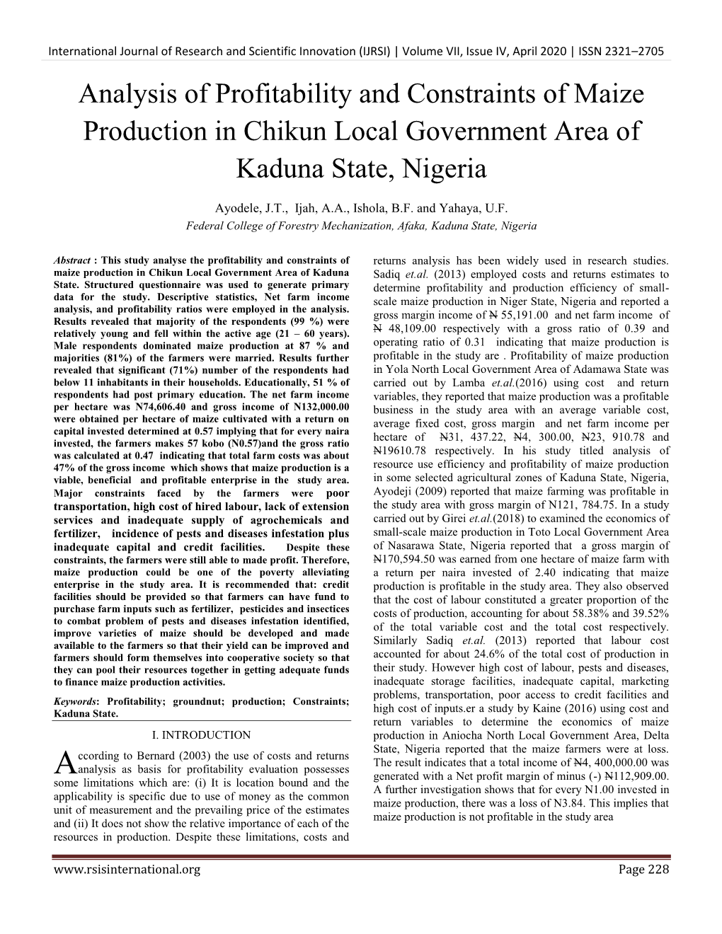 Analysis of Profitability and Constraints of Maize Production in Chikun Local Government Area of Kaduna State, Nigeria