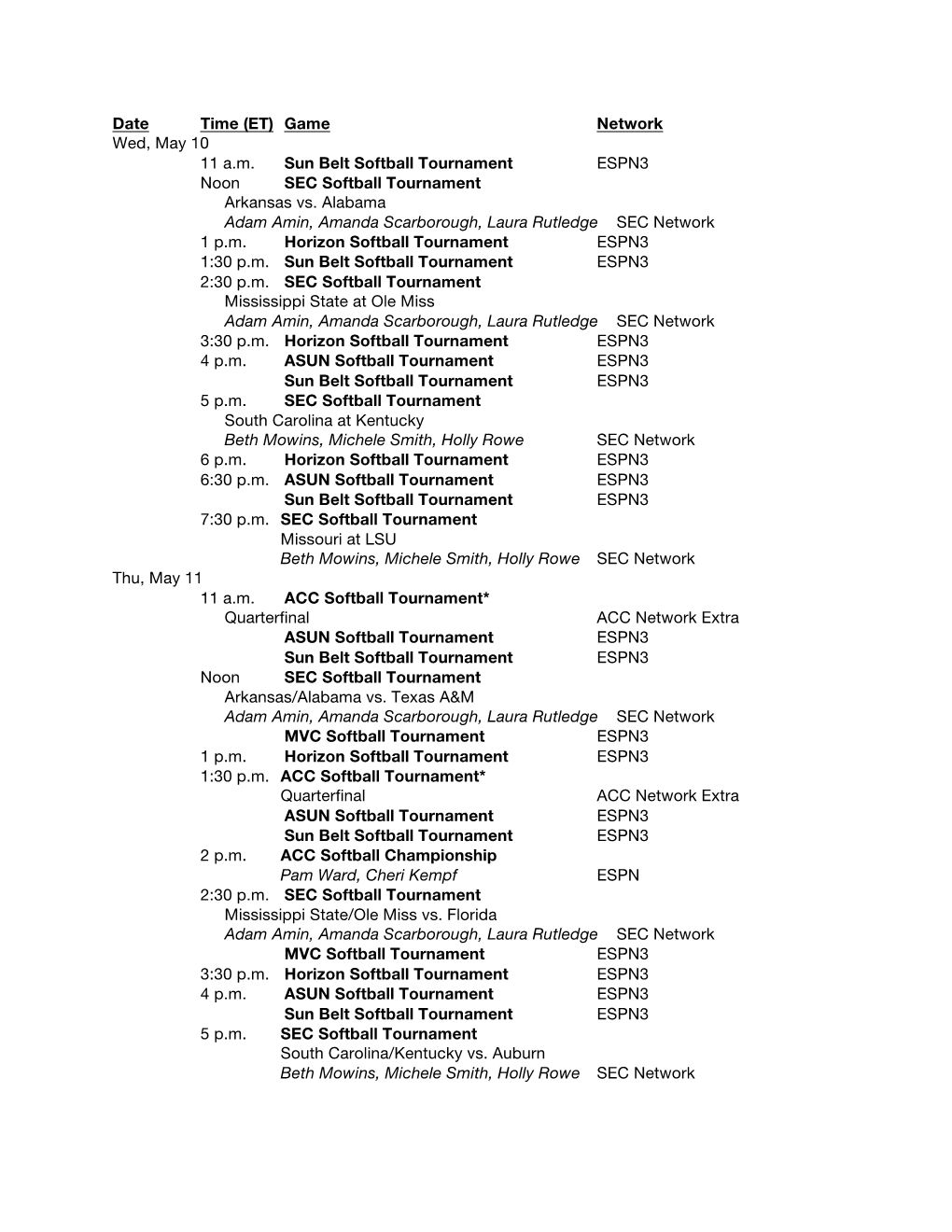 ESPN's Conference Tournament Schedule