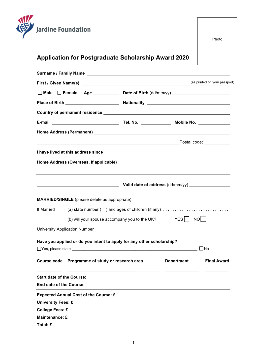 Application for Postgraduate Scholarship Award 2020