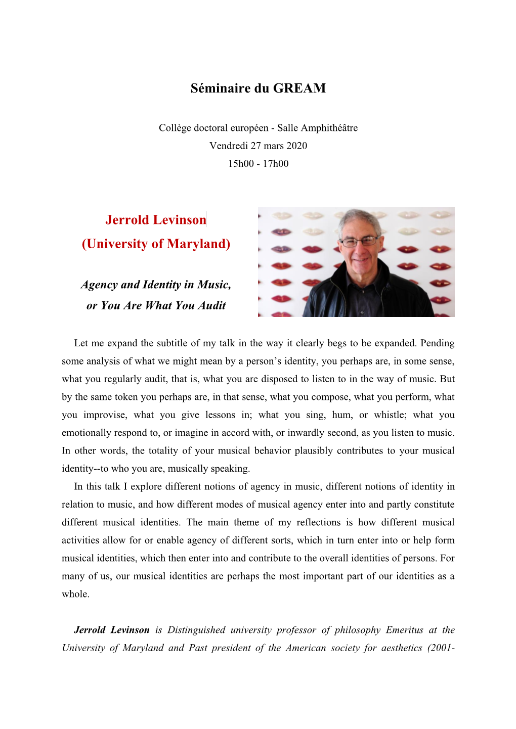 Séminaire Du GREAM Jerrold Levinson (University of Maryland)