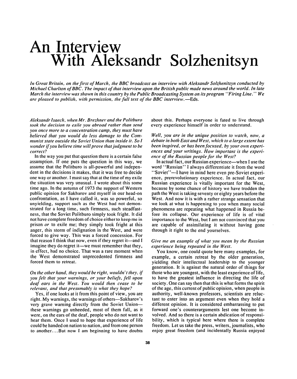 An Interview with Aleksandr Solzhenitsyn