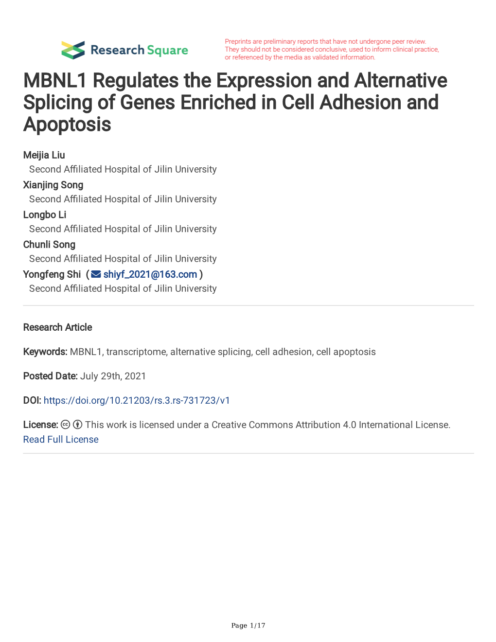 MBNL1 Regulates the Expression and Alternative Splicing of Genes Enriched in Cell Adhesion and Apoptosis