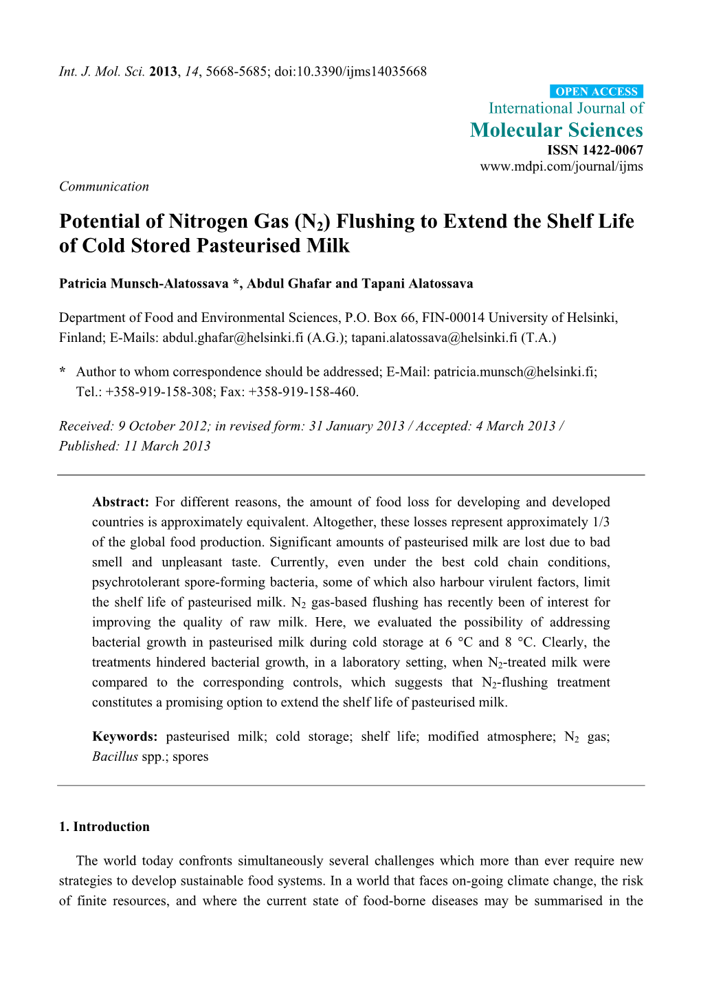 Potential of Nitrogen Gas (N2) Flushing to Extend the Shelf Life of Cold Stored Pasteurised Milk