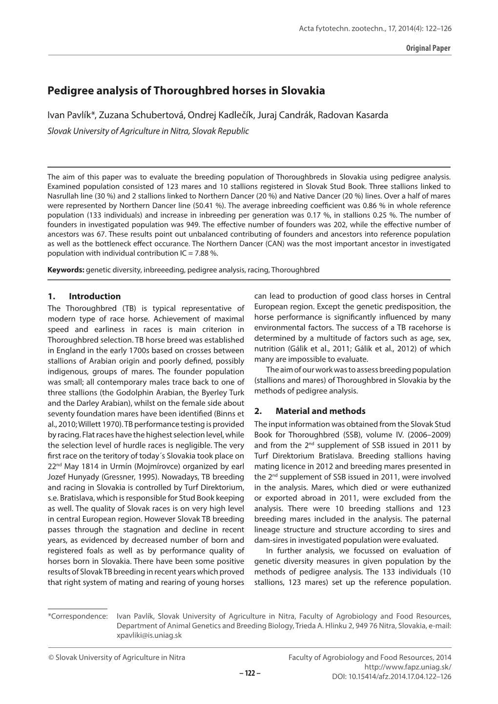 Pedigree Analysis of Thoroughbred Horses in Slovakia Original Paper