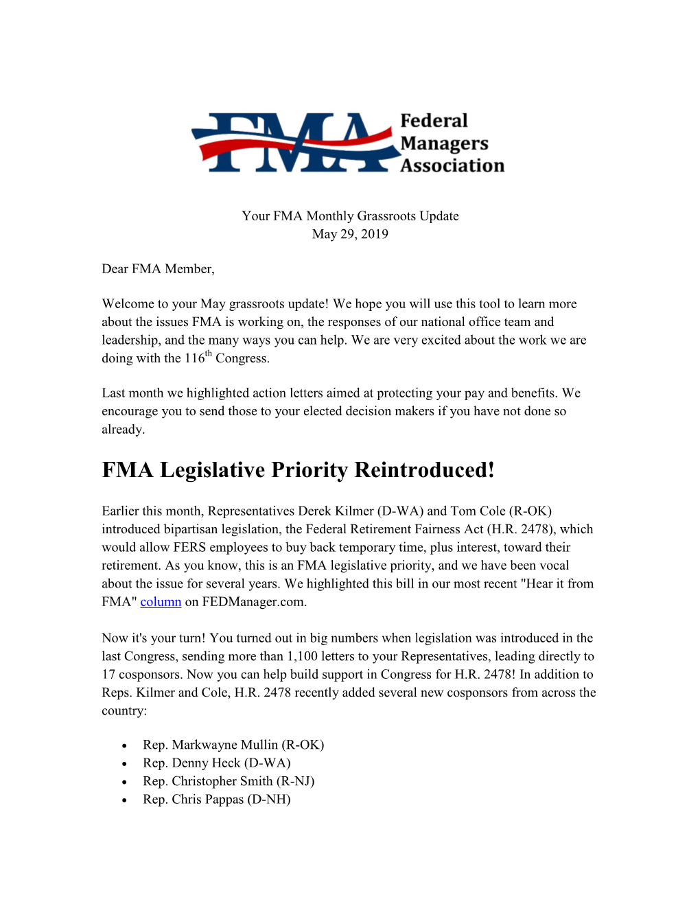 FMA Legislative Priority Reintroduced!