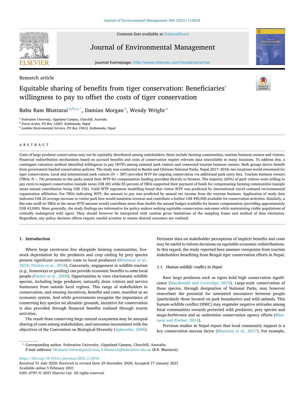 Equitable Sharing of Benefits from Tiger Conservation: Beneficiaries’ Willingness to Pay to Offset the Costs of Tiger Conservation