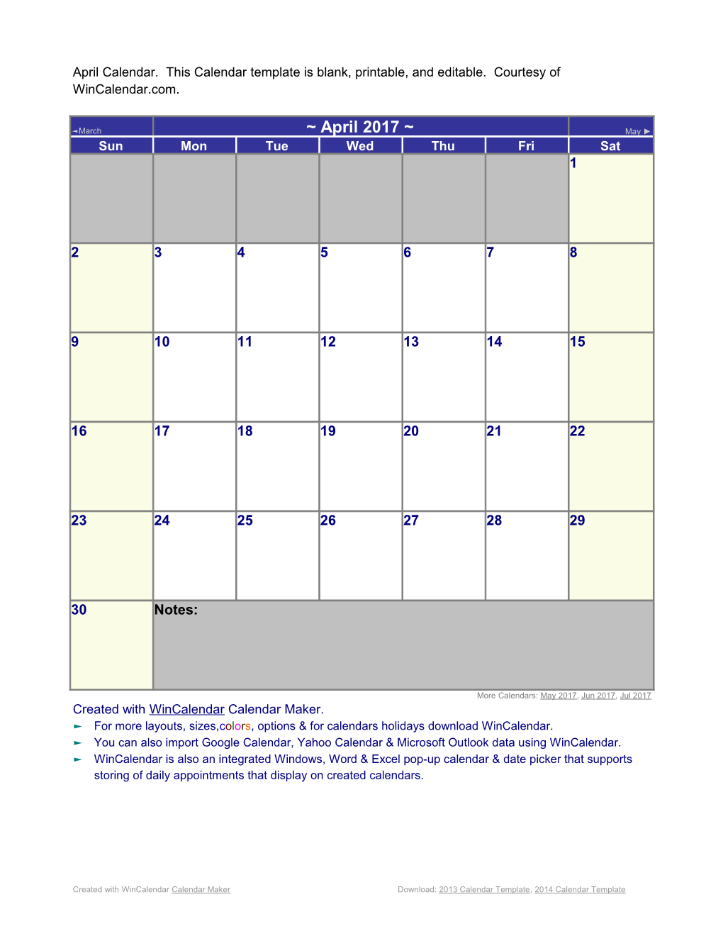 April Calendar. This Calendar Template Is Blank, Printable, and Editable. Courtesy Of