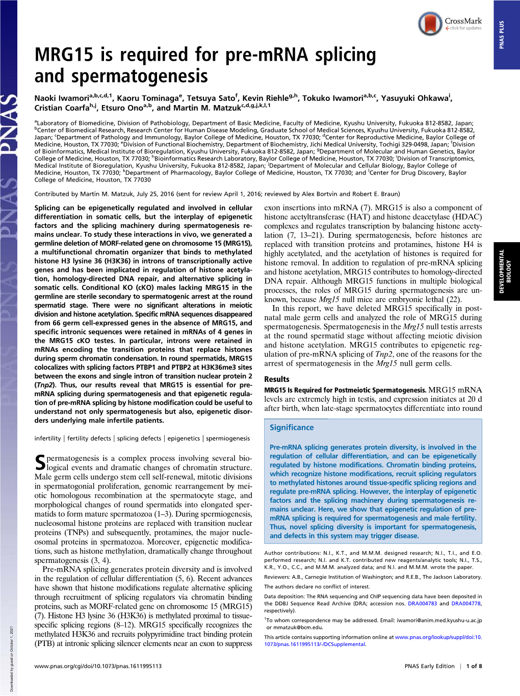 MRG15 Is Required for Pre-Mrna Splicing and Spermatogenesis