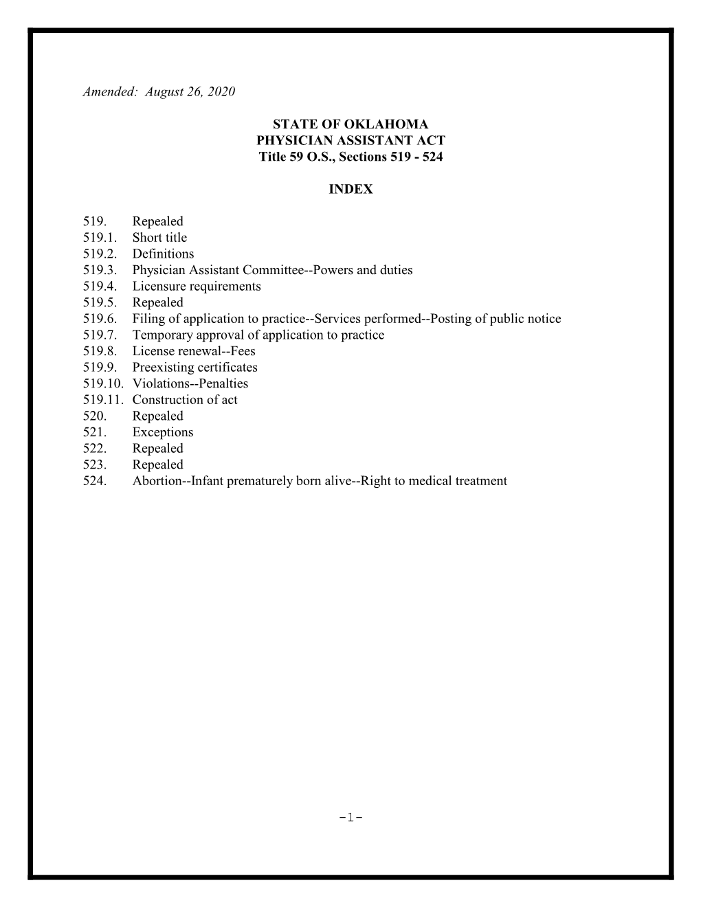 PHYSICIAN ASSISTANT ACT Title 59 O.S., Sections 519 - 524