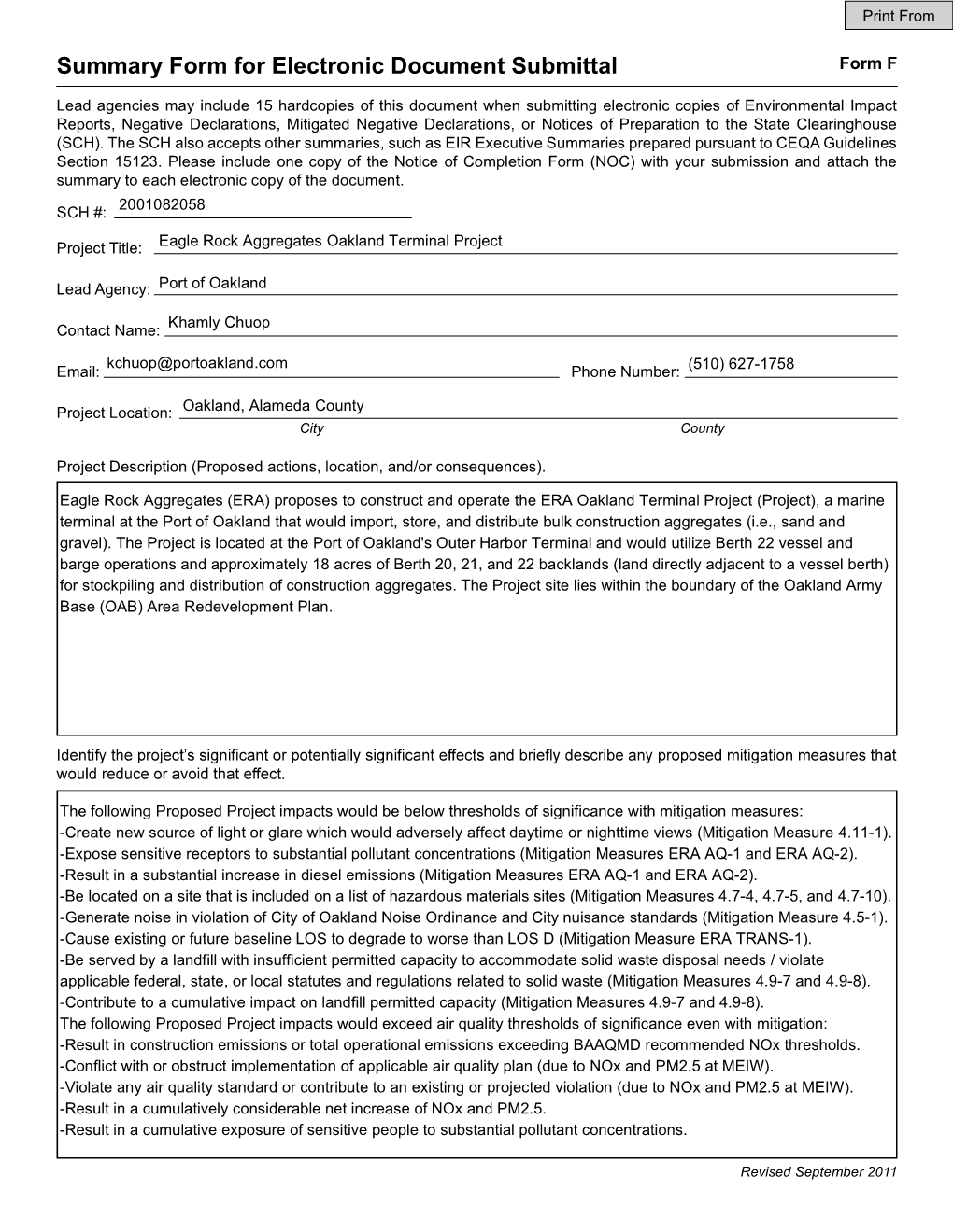 Eagle Rock Aggregates Oakland Terminal Project Draft Supplemental Environmental Impact Report