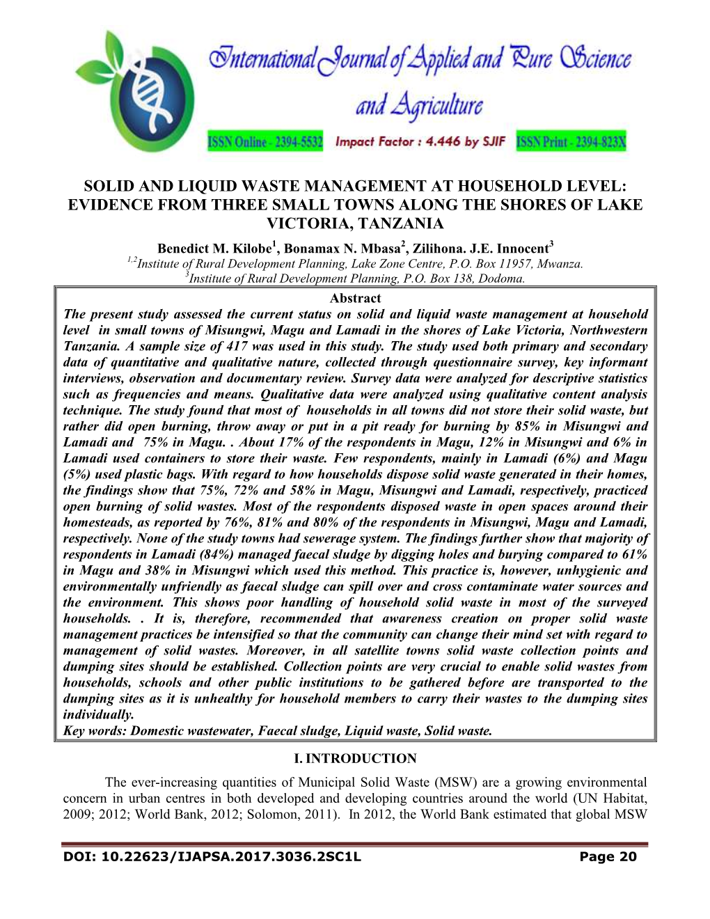 Solid and Liquid Waste Management at Household Level: Evidence from Three Small Towns Along the Shores of Lake Victoria, Tanzania