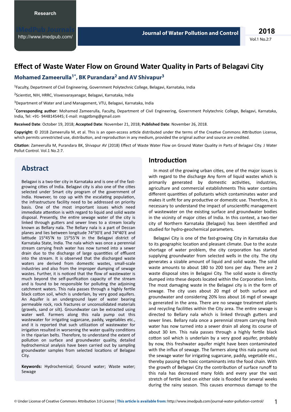 Effect of Waste Water Flow on Ground Water Quality in Parts of Belagavi City Mohamed Zameerulla1*, BK Purandara2 and AV Shivapur3