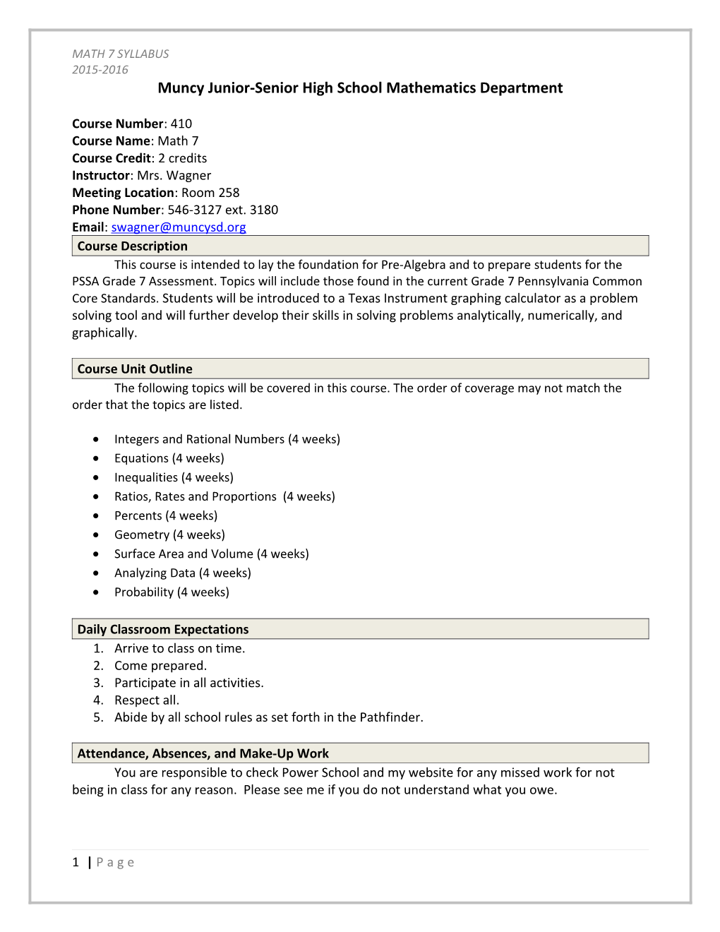 Muncy Junior-Senior High School Mathematics Department