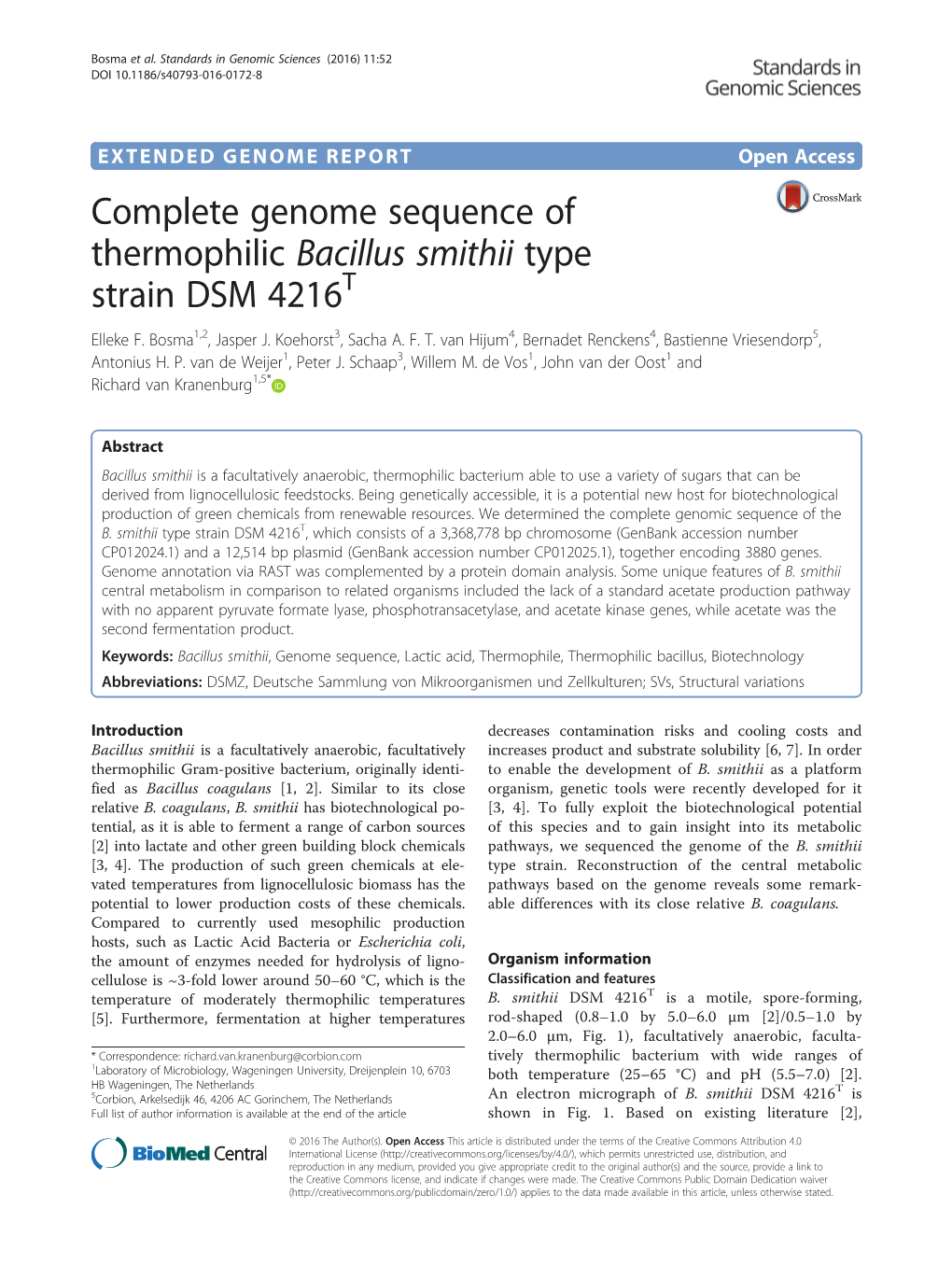 Complete Genome Sequence of Thermophilic Bacillus Smithii Type Strain DSM 4216T Elleke F