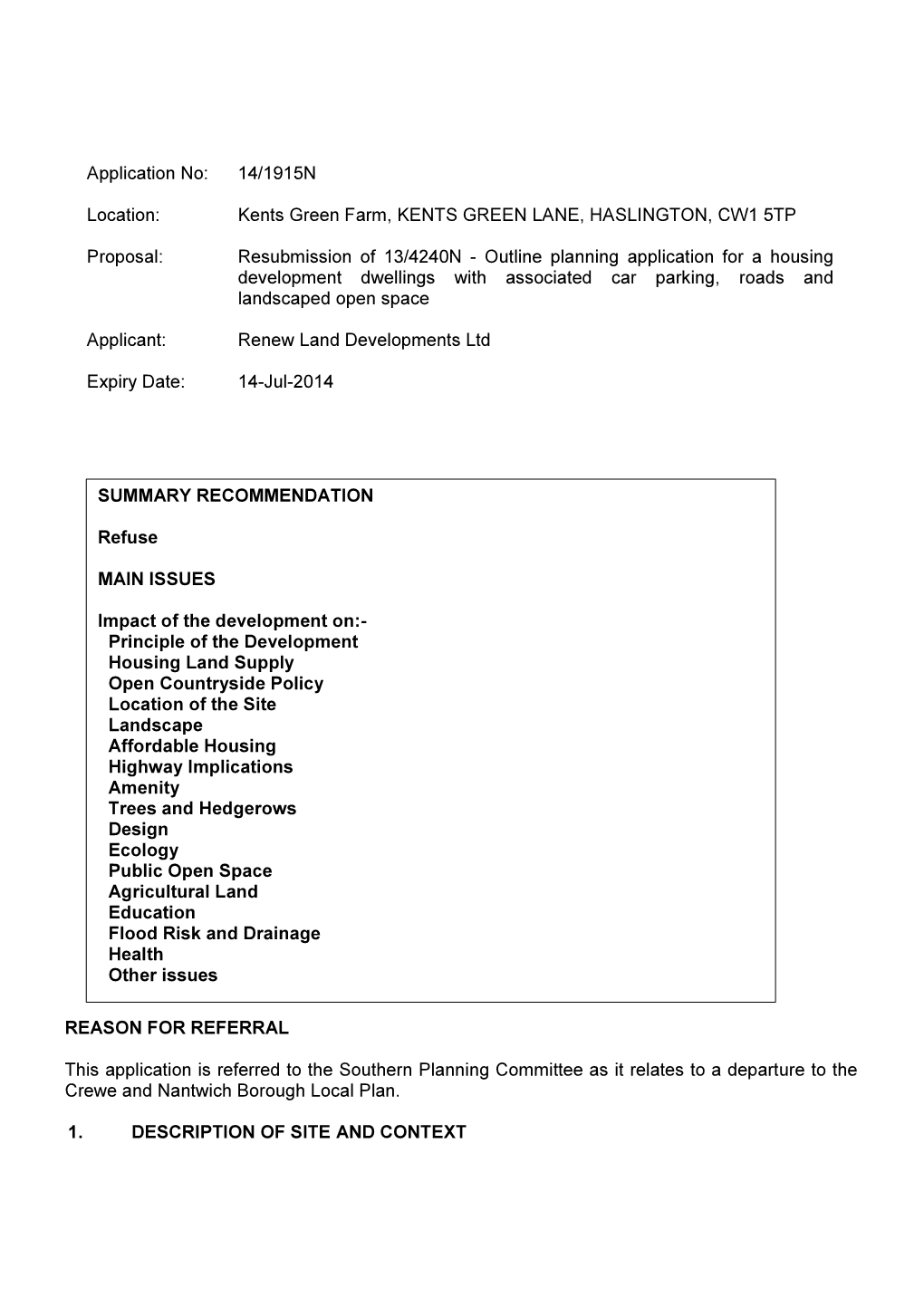 Resubmission of 13/4240N - Outline Planning Application for a Housing Development Dwellings with Associated Car Parking, Roads and Landscaped Open Space