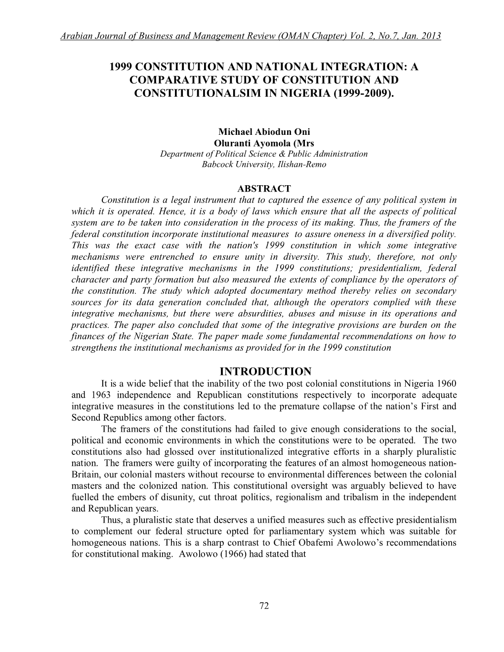 1999 Constitution and National Integration: a Comparative Study of Constitution and Constitutionalsim in Nigeria (1999-2009)