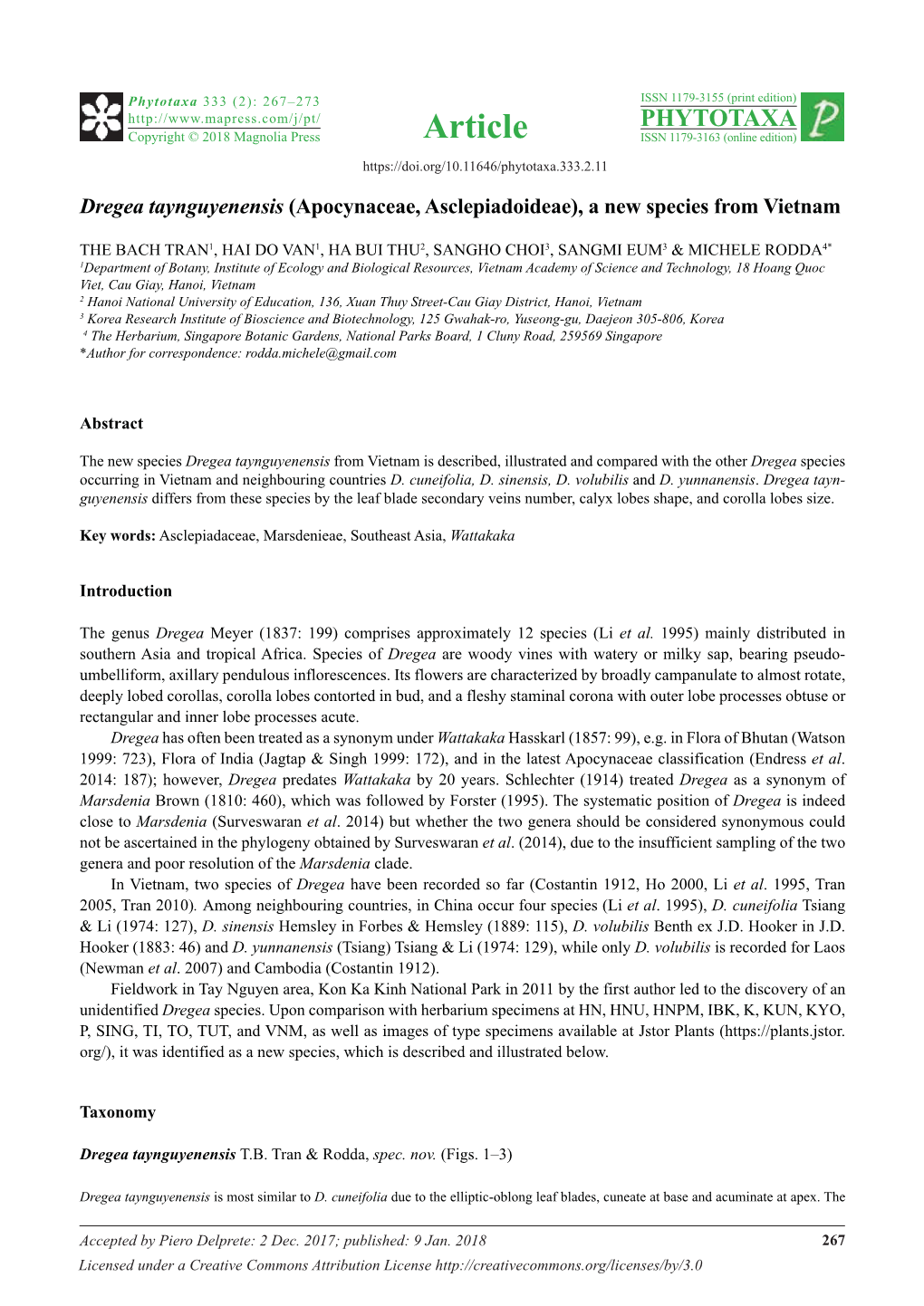 Dregea Taynguyenensis (Apocynaceae, Asclepiadoideae), a New Species from Vietnam