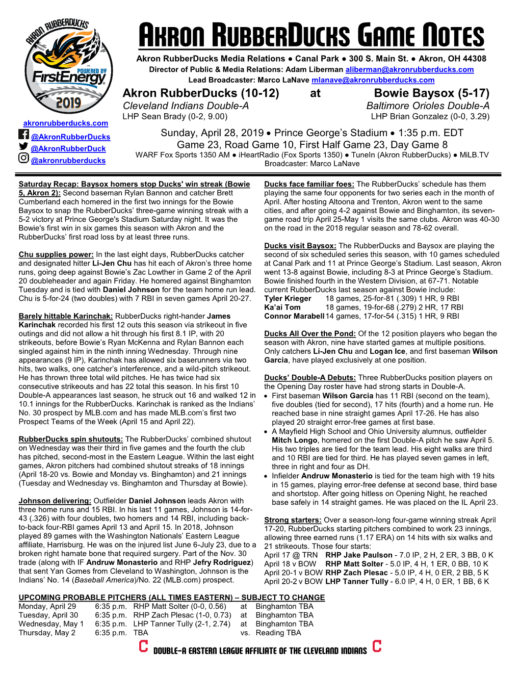 AKRON RUBBERDUCKS GAME NOTES Akron Rubberducks Media Relations ● Canal Park ● 300 S