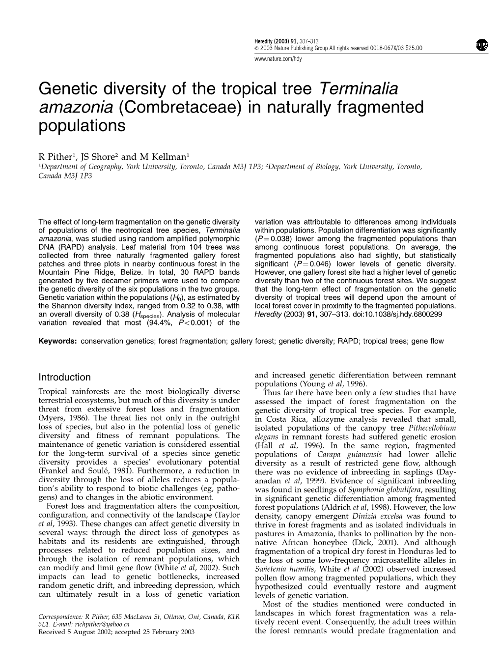 Genetic Diversity of the Tropical Tree Terminalia Amazonia (Combretaceae) in Naturally Fragmented Populations