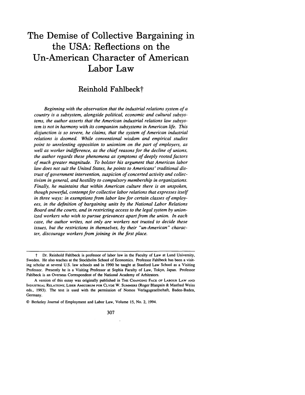The Demise of Collective Bargaining in the USA: Reflections on the Un-American Character of American Labor Law