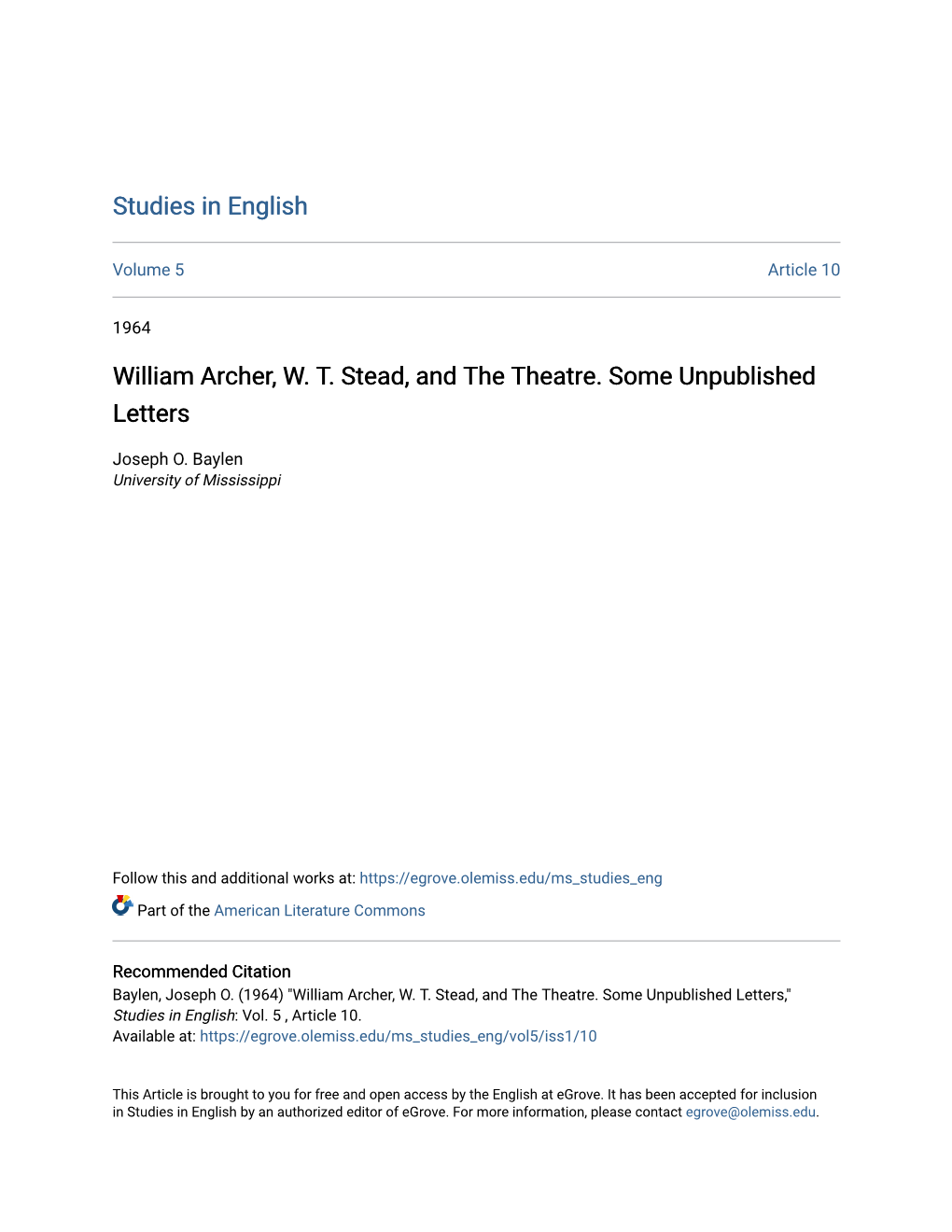 William Archer, W. T. Stead, and the Theatre. Some Unpublished Letters