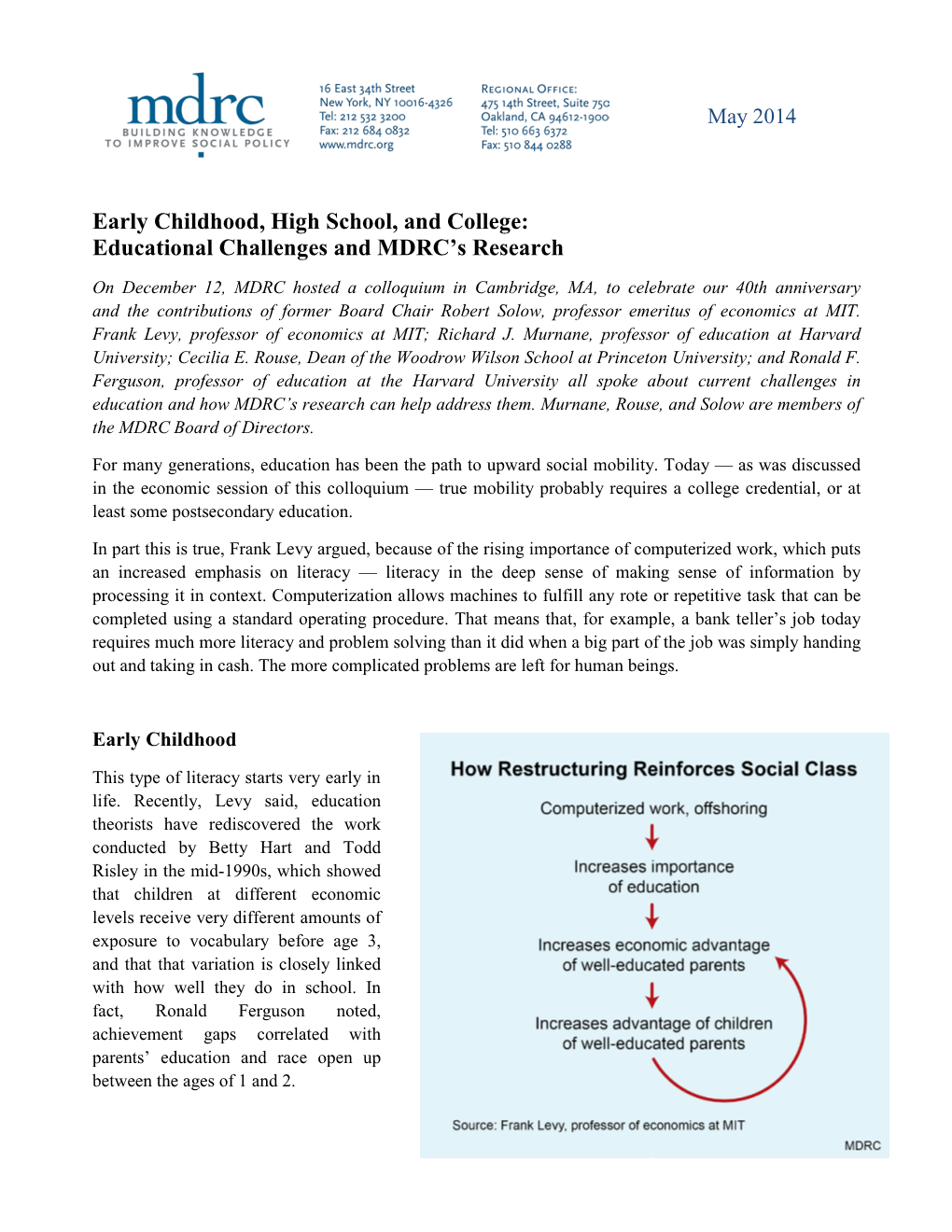 Early Childhood, High School, and College: Educational Challenges and MDRC’S Research