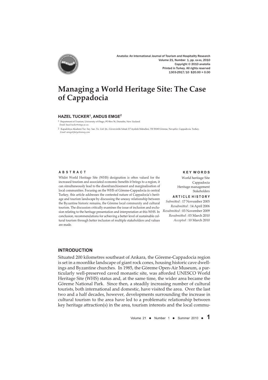 Managing a World Heritage Site: the Case of Cappadocia