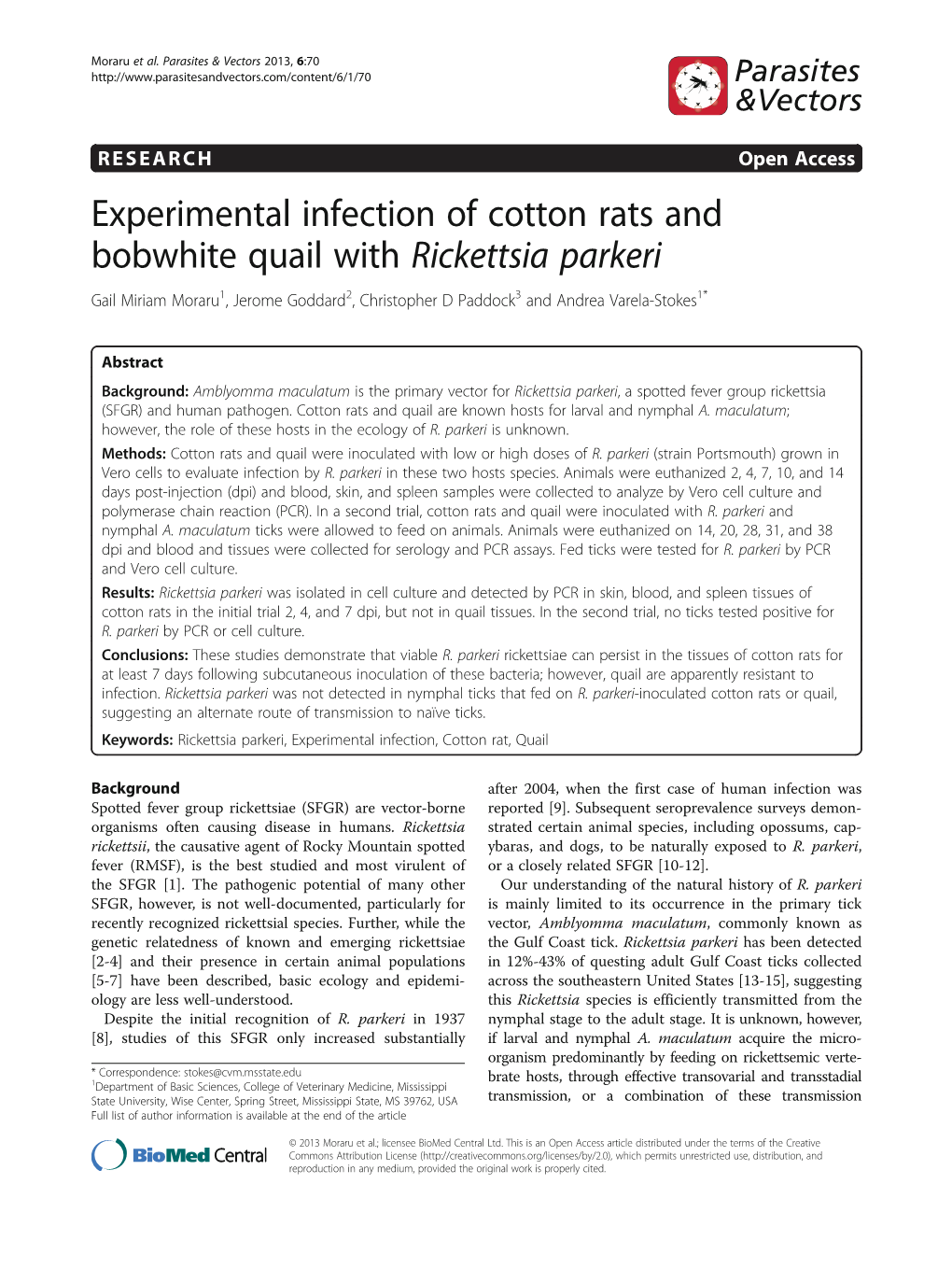 Experimental Infection of Cotton Rats and Bobwhite Quail with Rickettsia