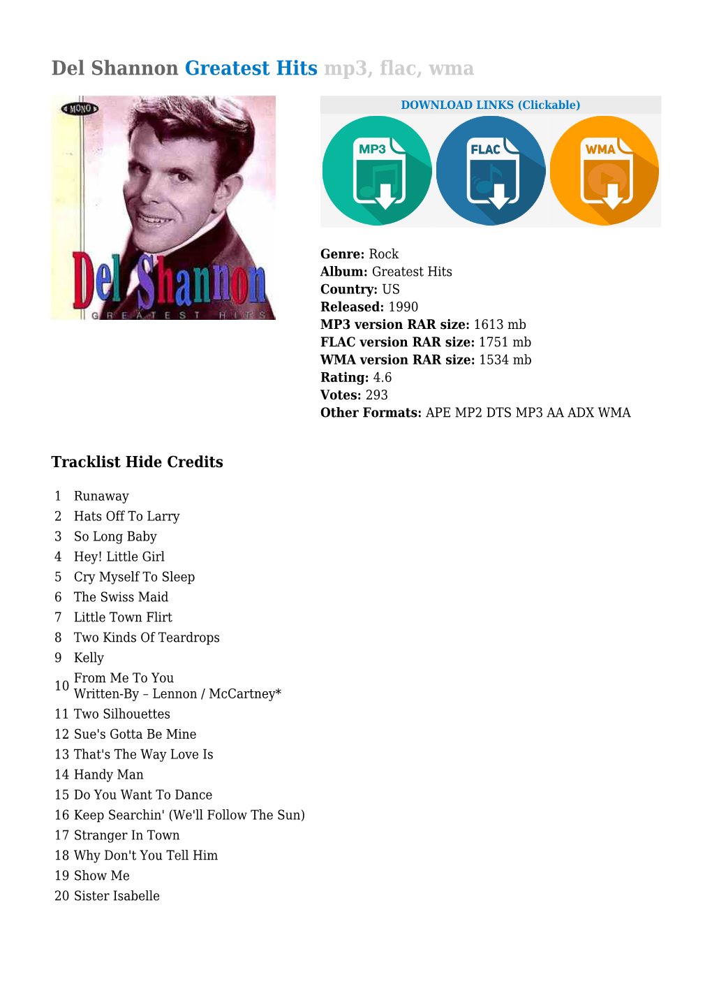 Del Shannon Greatest Hits Mp3, Flac, Wma