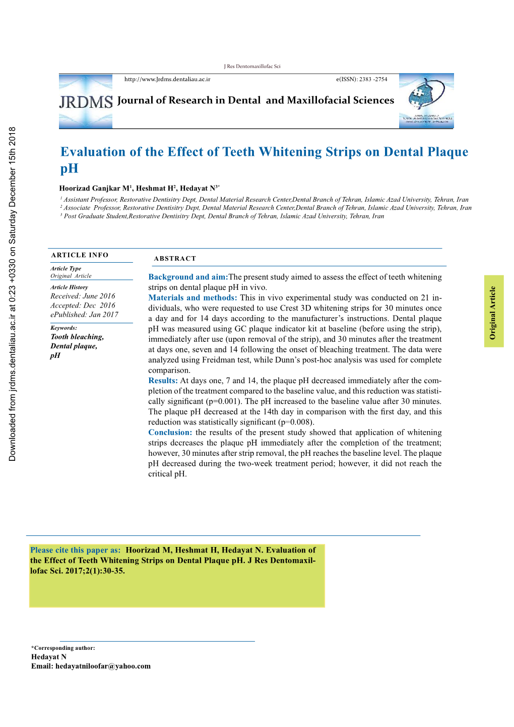Evaluation of the Effect of Teeth Whitening Strips on Dental Plaque Ph