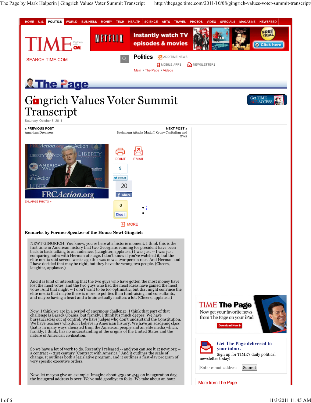 Gingrich Values Voter Summit Transcript