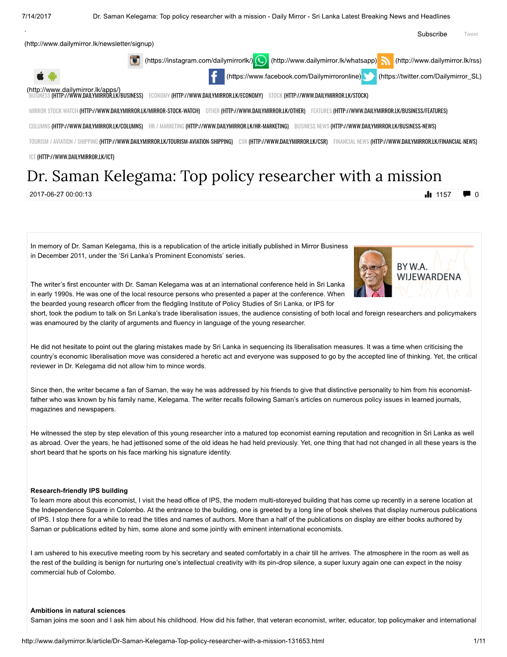 Dr. Saman Kelegama: Top Policy Researcher with a Mission - Daily Mirror - Sri Lanka Latest Breaking News and Headlines