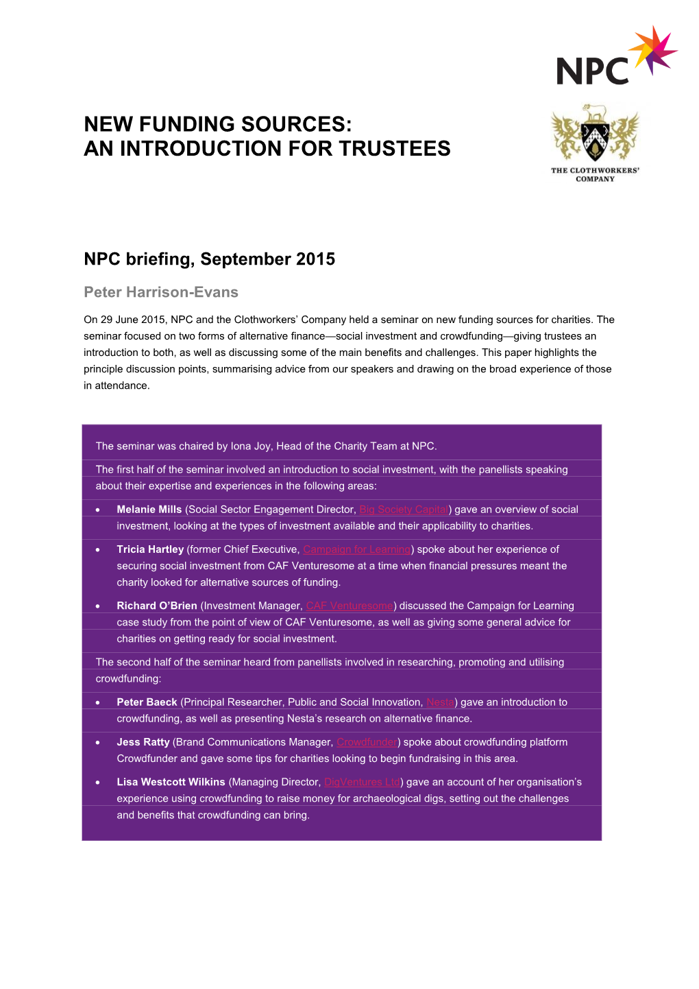 New Funding Sources: an Introduction for Trustees