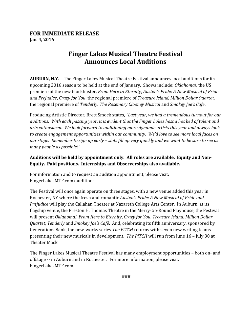 Finger Lakes Musical Theatre Festival Announces Local Auditions