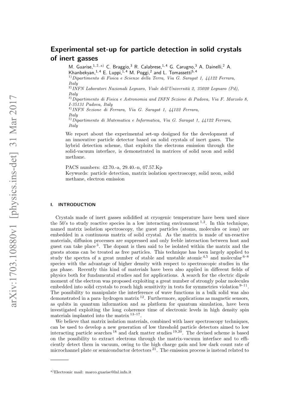 Experimental Set-Up for Particle Detection in Solid Crystals of Inert Gasses M