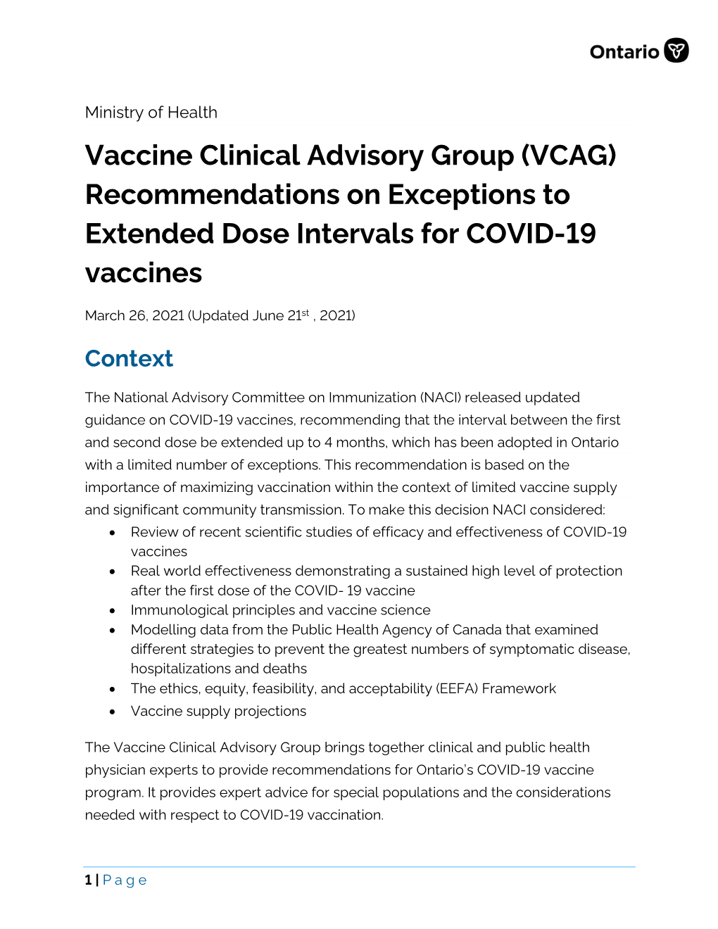 Vaccine Clinical Advisory Group Recommendation on Extended Doses
