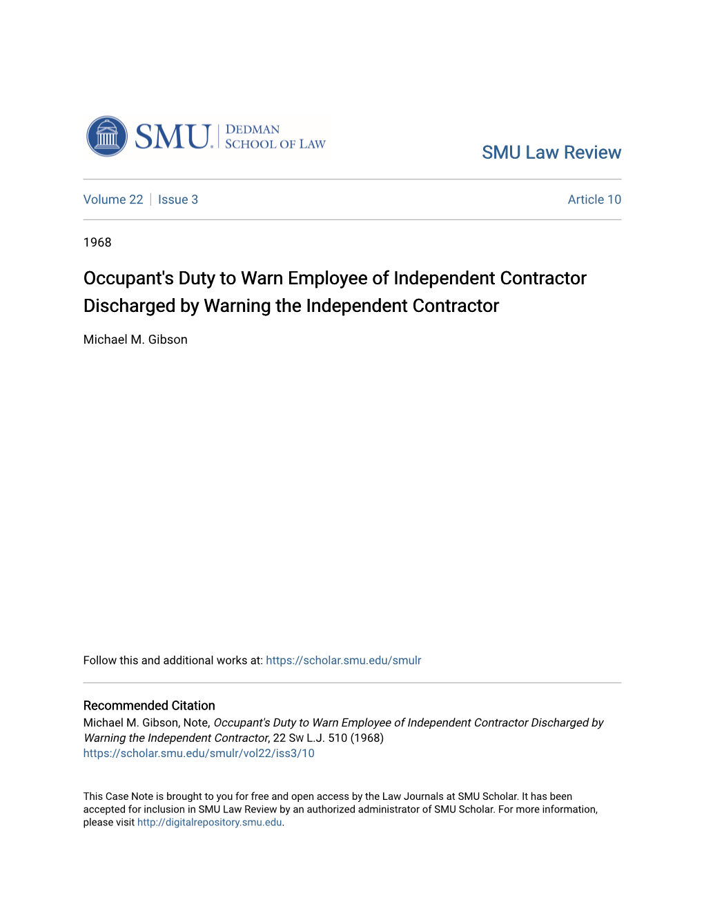 Occupant's Duty to Warn Employee of Independent Contractor Discharged by Warning the Independent Contractor