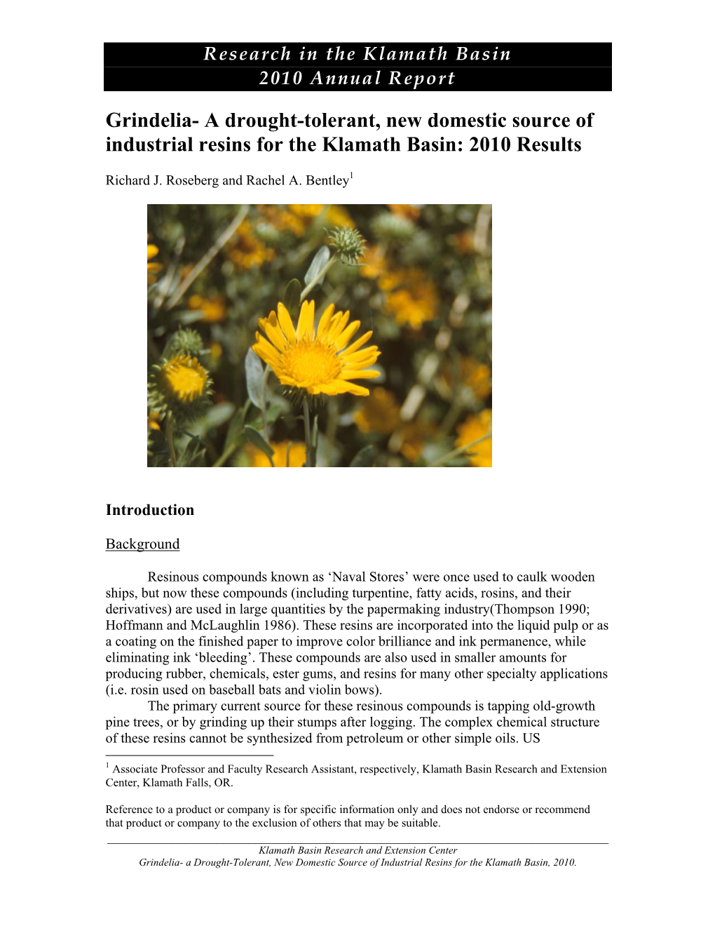 Grindelia- a Drought-Tolerant, New Domestic Source of Industrial Resins for the Klamath Basin: 2010 Results