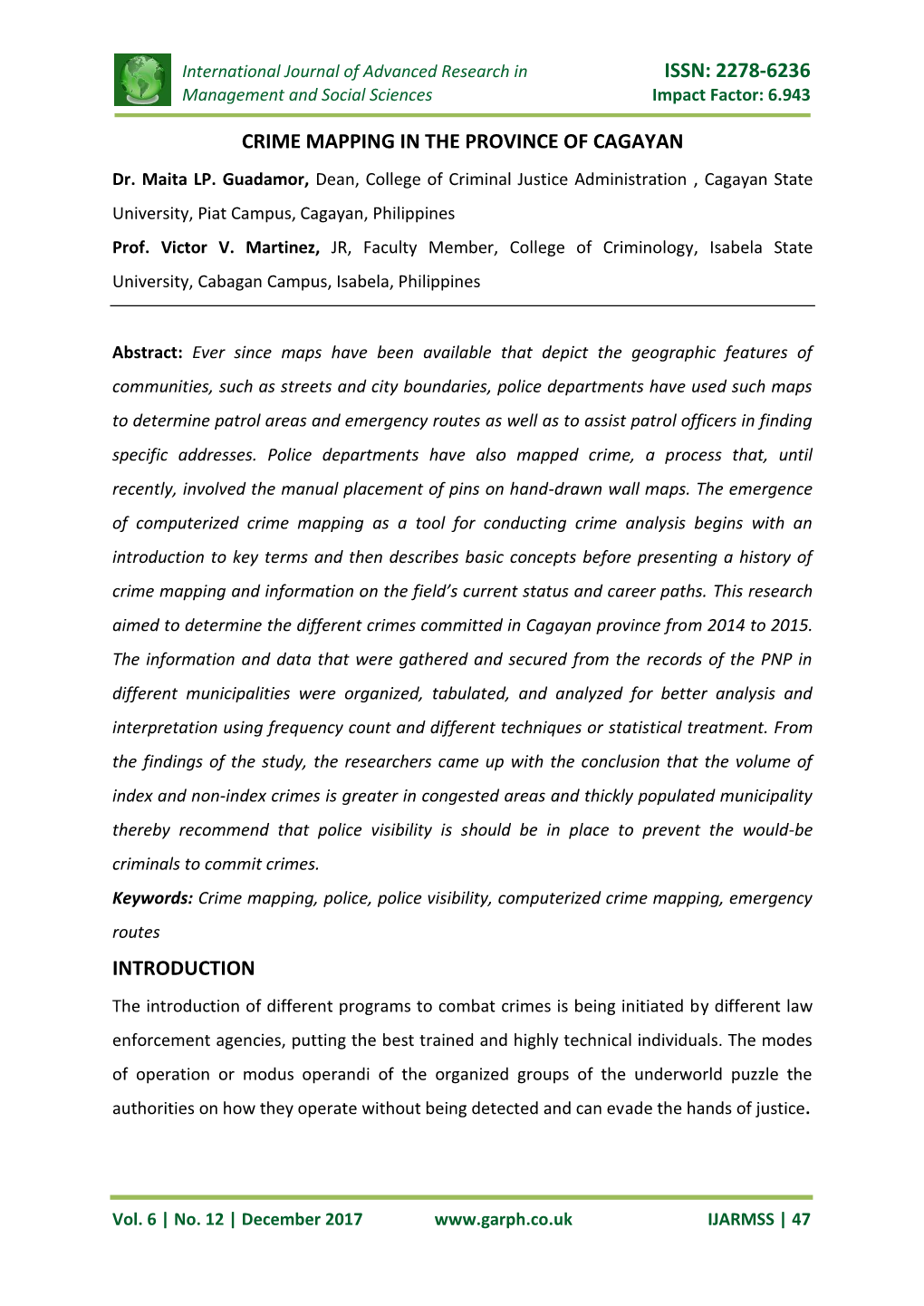 Issn: 2278-6236 Crime Mapping in the Province of Cagayan