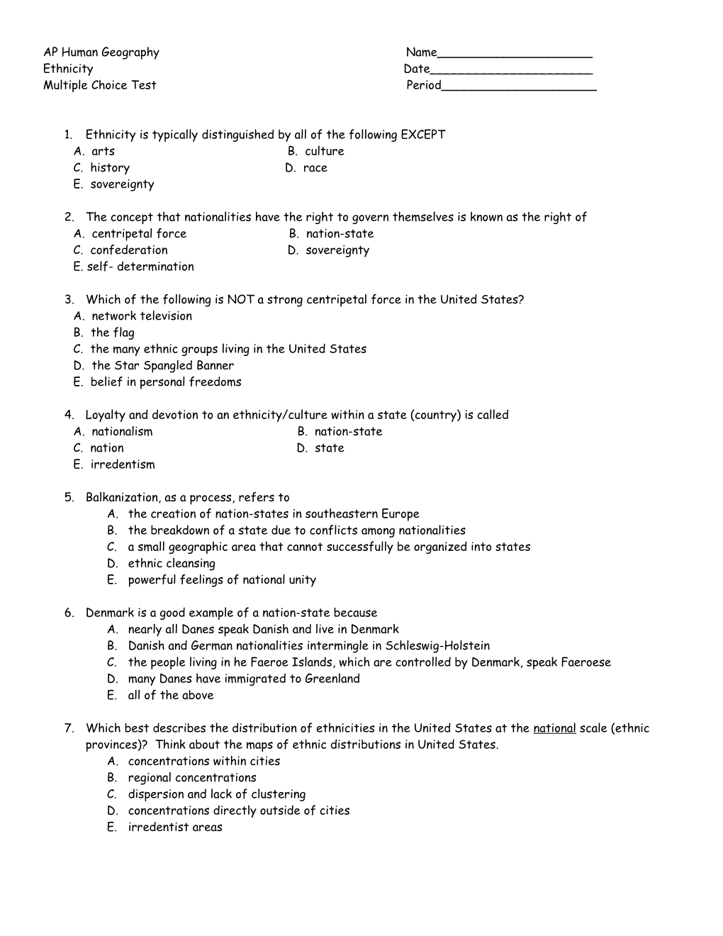 Ethnicity Multiple Choice Test 2014 To 2015