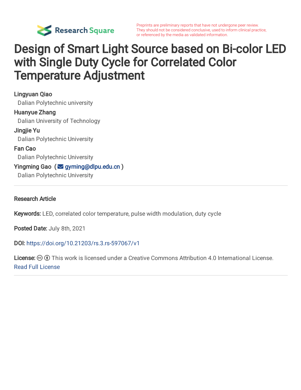 Design of Smart Light Source Based on Bi-Color LED with Single Duty Cycle for Correlated Color Temperature Adjustment