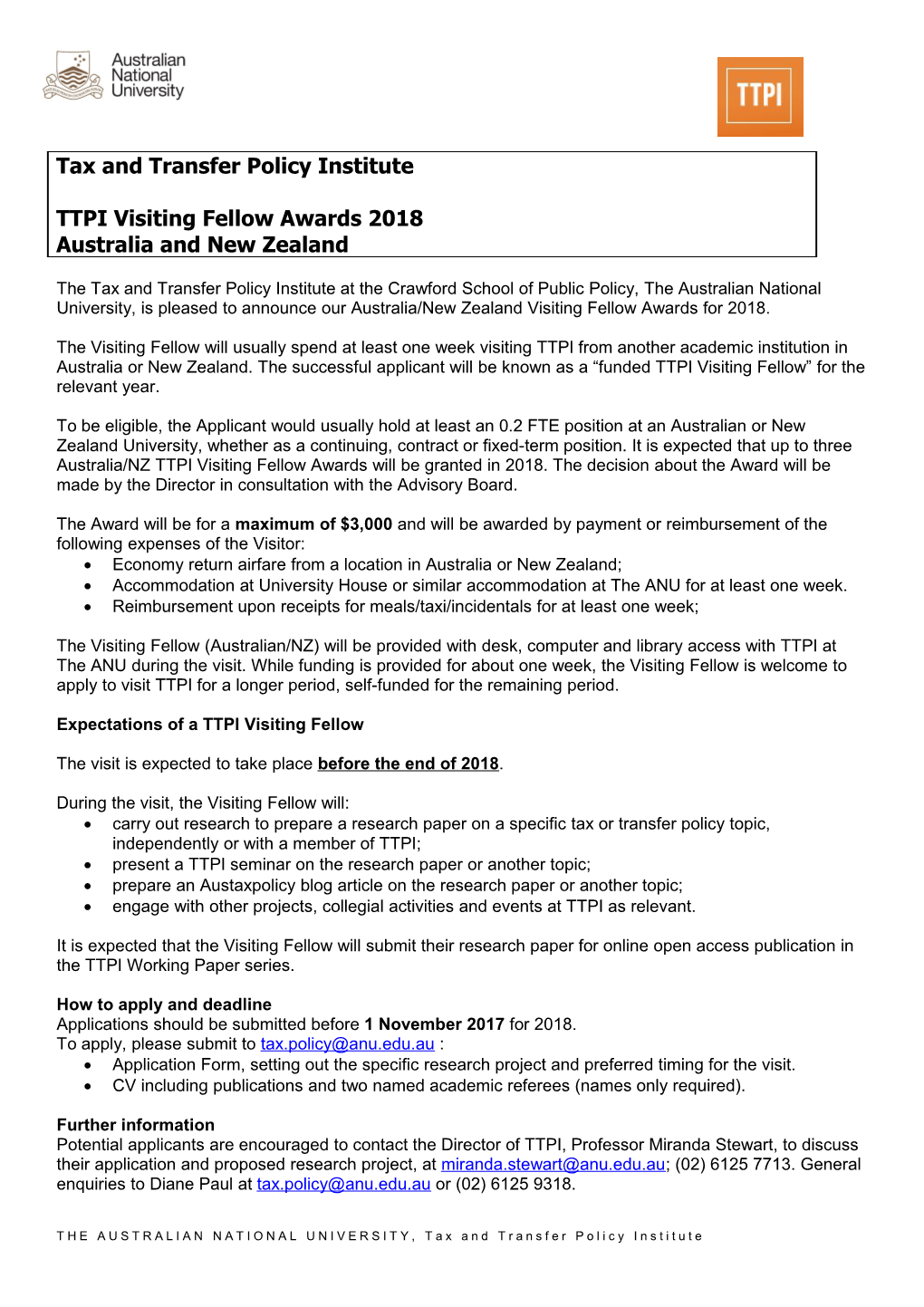 Tax and Transfer Policy Institute TTPI Visiting Fellow Awards 2018 Australia and New Zealand