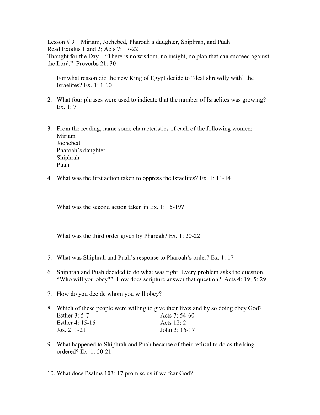 Lesson # 8 Miriam, Jochebed, Pharoah S Daughter, Shiphrah, and Puah