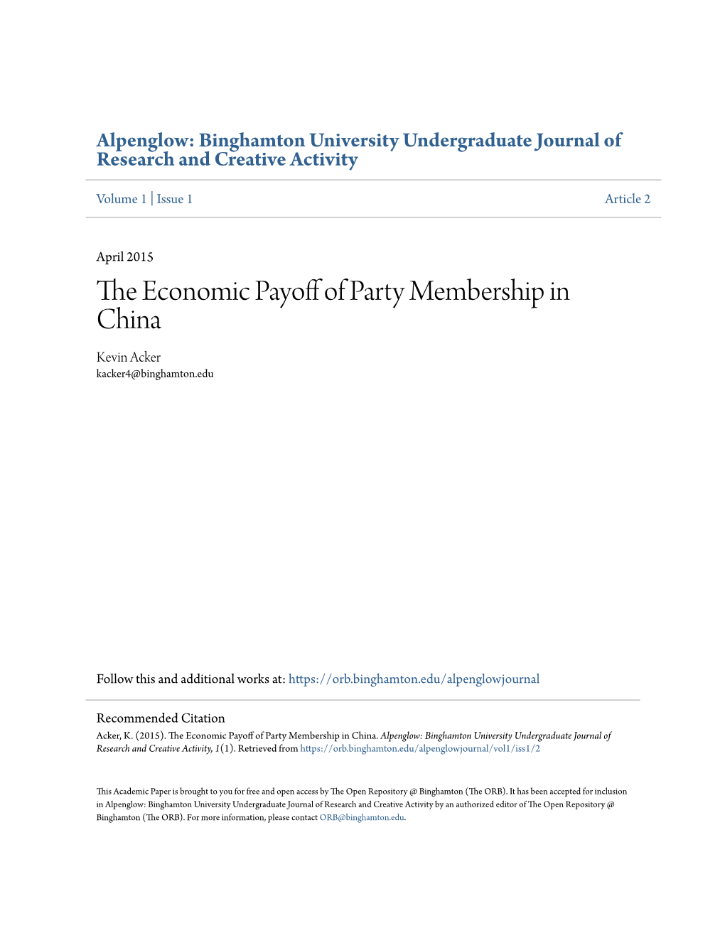 The Economic Payoff of Party Membership in China