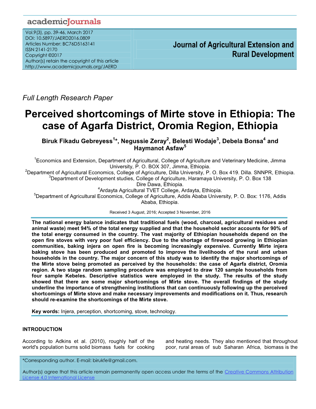 Perceived Shortcomings of Mirte Stove in Ethiopia: the Case of Agarfa District, Oromia Region, Ethiopia