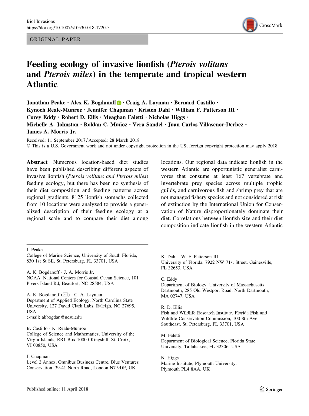 Feeding Ecology of Invasive Lionfish